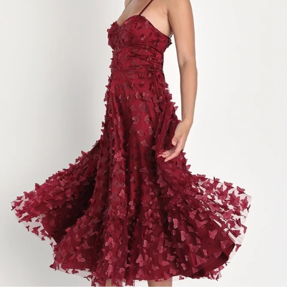 Time to Fly Burgundy Butterfly Lace-Up Midi Dress - Picture 4 of 5